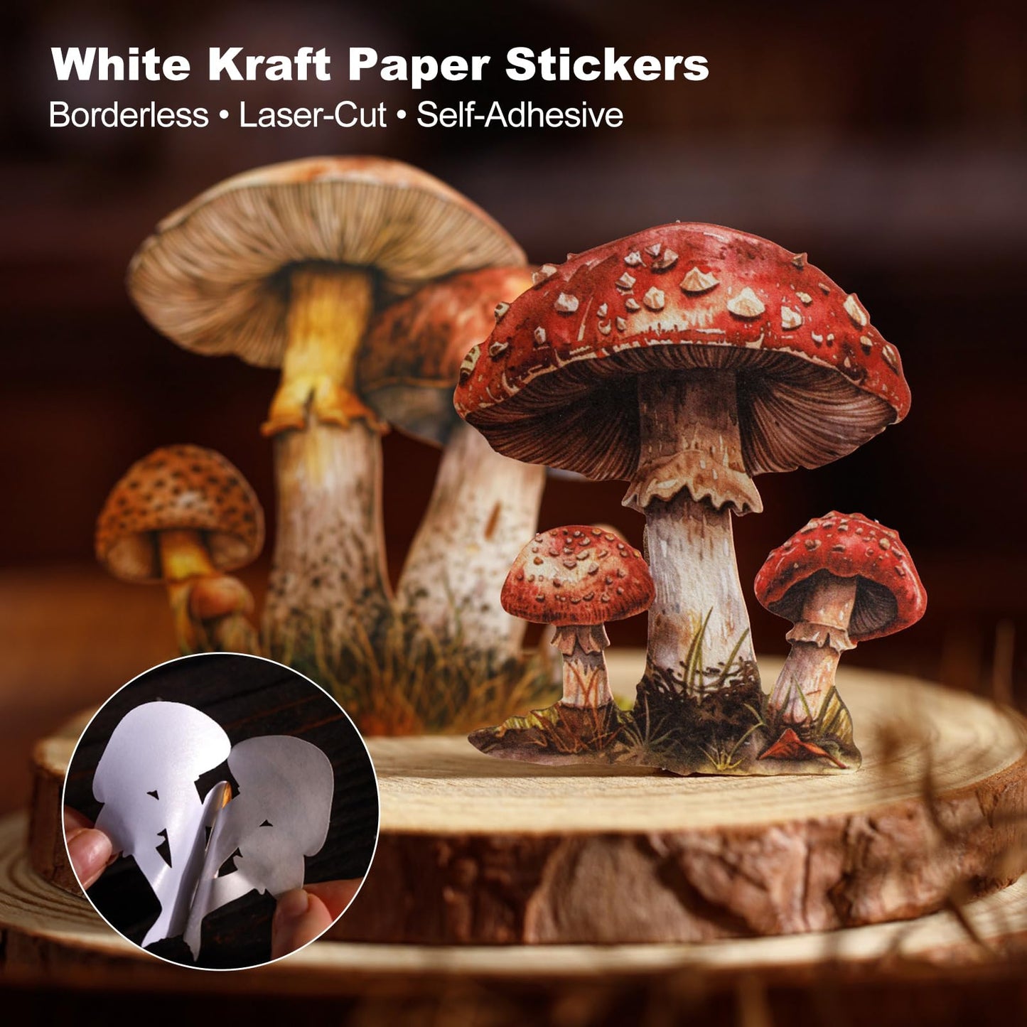 Moriquill 150PCS Mushroom & Text Label Stickers Set, Retro Botanical Specimen Die-Cut Pack – Writable White Kraft, Peel & Stick for Scrapbooking Journals Collage DIY Crafts Décor