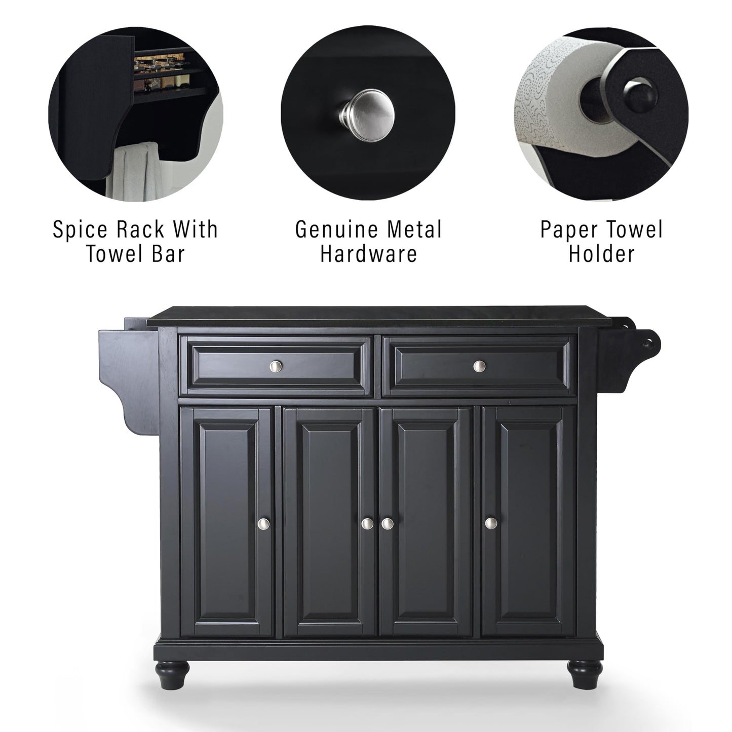 Crosley Furniture Cambridge Granite Top Rolling Kitchen Island Storage Cart, Microwave Stand, Spice Rack, Black
