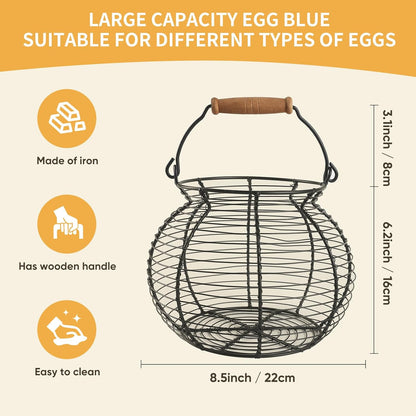 Farmhouse Round Wire Egg Basket with Handle, Metal Egg Collecting Basket for Countertop Holder (8.5 * 7.5 inch)