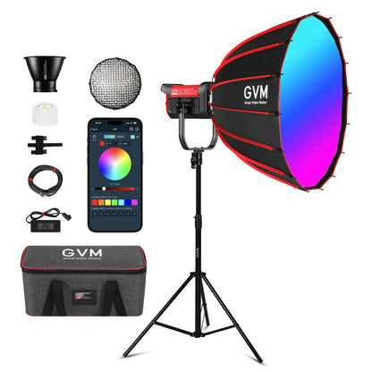 GVM RGB 300W Video Light Kit with Parabolic Softbox and Stand, Photography Lighting for Camera Studio Recording with Bowen Mount, COB Film Light with APP&DMX, Aluminum Alloy, 2000-10000K, CRI 97+