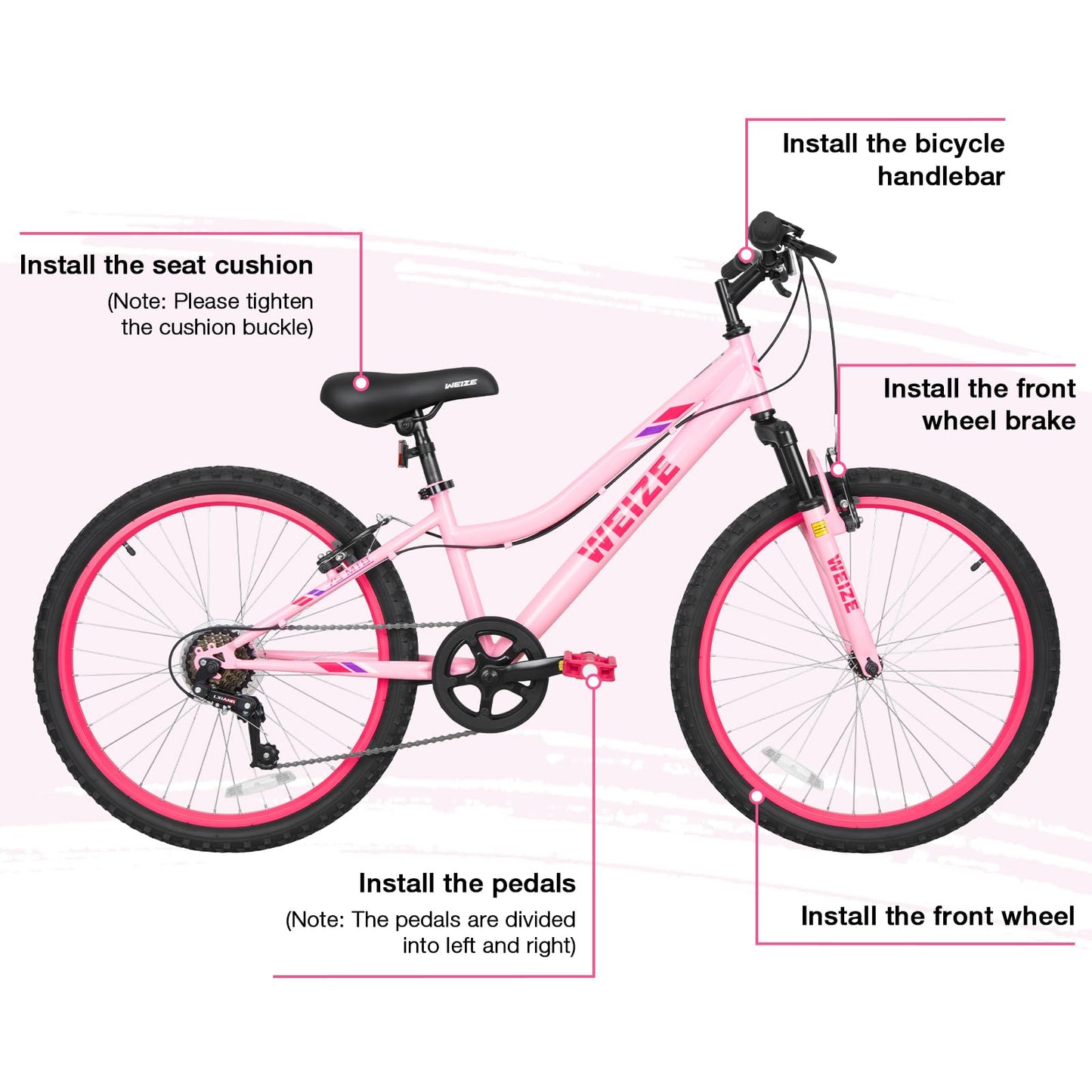 WEIZE 24 Inch Kid Mountain Bike,Kid Bike for Girls Age 6-14 Year Old,6 Speed Kid Bicycle with Front Suspension Fork,Adjustable Seat Height,High-Carbon Steel Frame,Ideal for Girl Adventurers,Pink