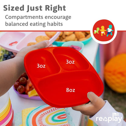 Re-Play Toddler Dinnerware Set - No-Spill Sippy Cup, 7" Divided Plate, Rounded Tip Fork and Deep Scoop Spoon - Dishwasher and Microwave Safe - Made in USA - Red