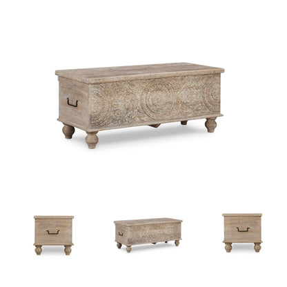Signature Design by Ashley Fossile Ridge Boho Carved Wood Storage Bench with Hinge Top, Beige