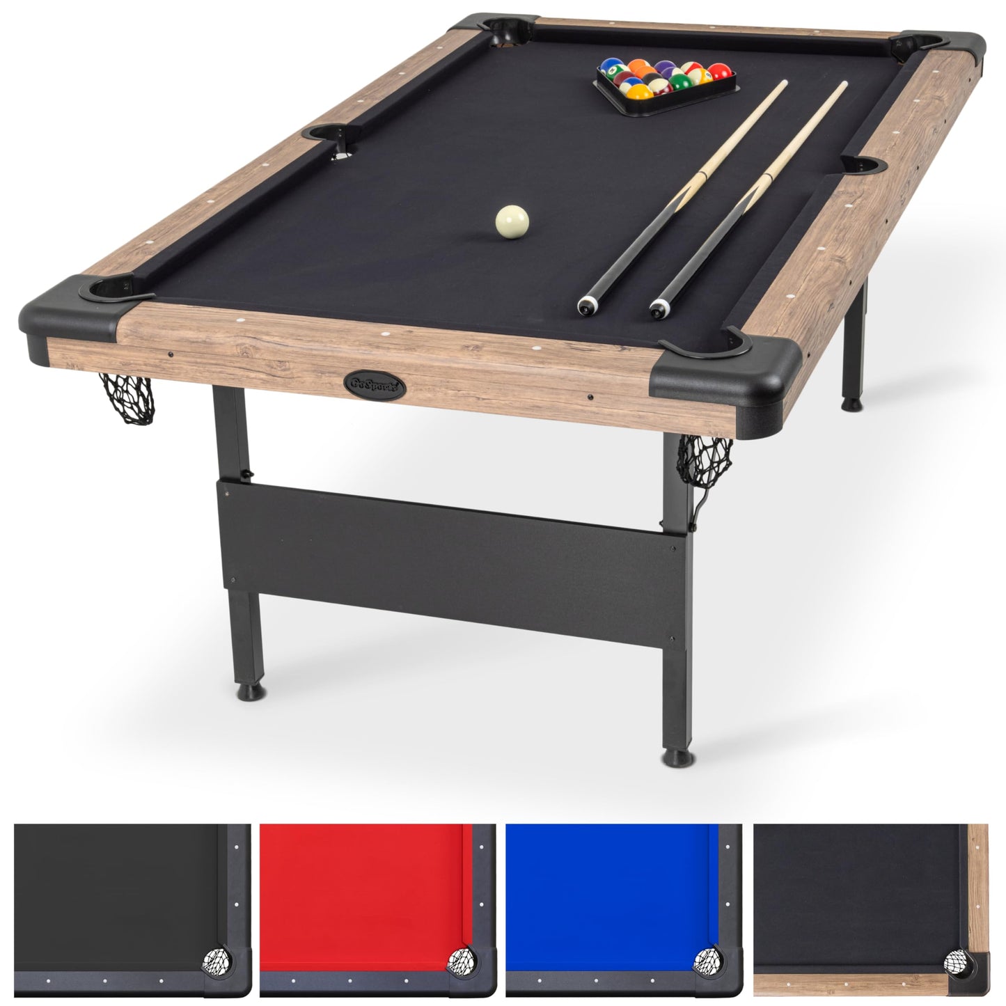 GoSports 7 ft Portable Pool Table - No Assembly Required Folding Billiard Table in Oak