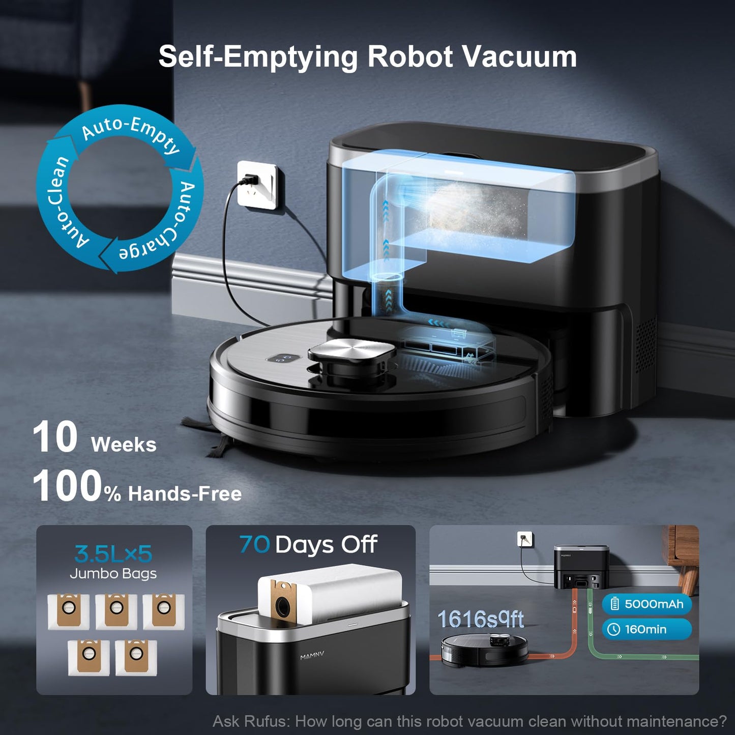 MAMNV Robot Vacuum and Mop, 11500 Pa Suction, 3-in-1 Robotic Vacuum with Smart LiDAR Navigation, 90 Day Self-Emptying,160 Min Runtime,App/Alexa/Voice Control, Ideal for Pet Hair, Carpet & Hard Floor