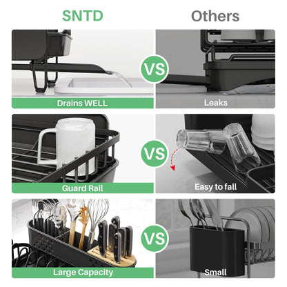 SNTD Dish Drying Rack - Large Dish Racks for Kitchen Counter, Expandable Dish Drainers with Cutlery Holder Stainless Steel Rustproof, Black