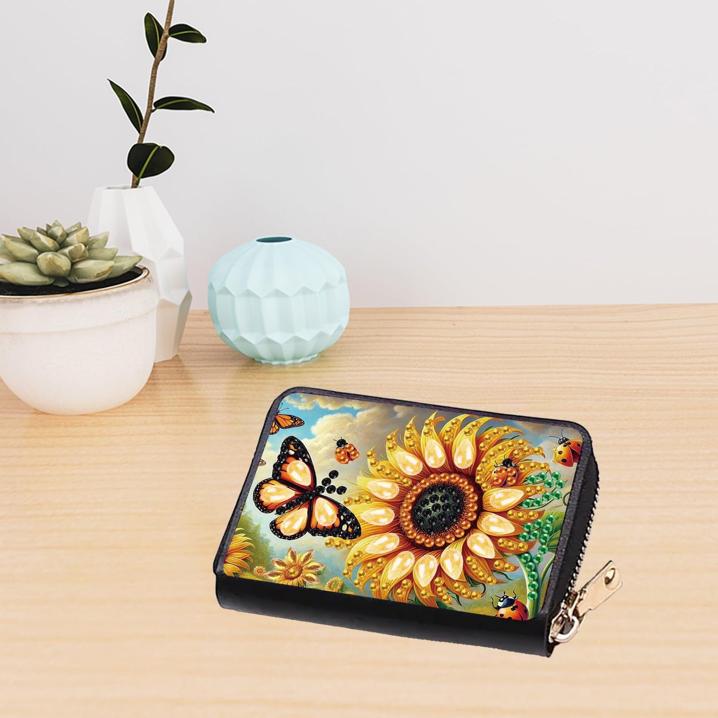 JZHYOAN Sunflower Diamond Art Credit Card Holder DIY Butterfly Pattern Zipper Business Small Wallet Coin Purse Keychain Gem Arts Card Holder Wallet Family Adult Man Woman Craft Gift