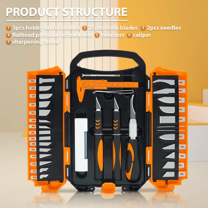 MANUFORE 34pcs Large Exacto Knife set Deluxe Craft Precision Knife Set Include 3pcs Craft Knives with Anti-Slip Rubber Grip, 25pcs Different Blades, 2pcs Needles, Sharpening Stone, Screwdriver