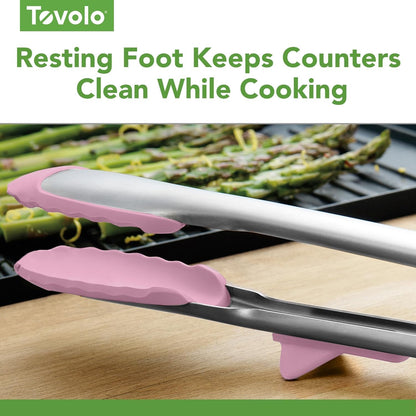 Tovolo Tongs With Silicone Tips Easy Grip 13" Long Kitchen Tongs Stainless Steel Handle For Cooking, Non Scratch Heat Resistant Locking Tongs Silicone Tipped Dishwasher Safe BPA Free, Pink Sorbet