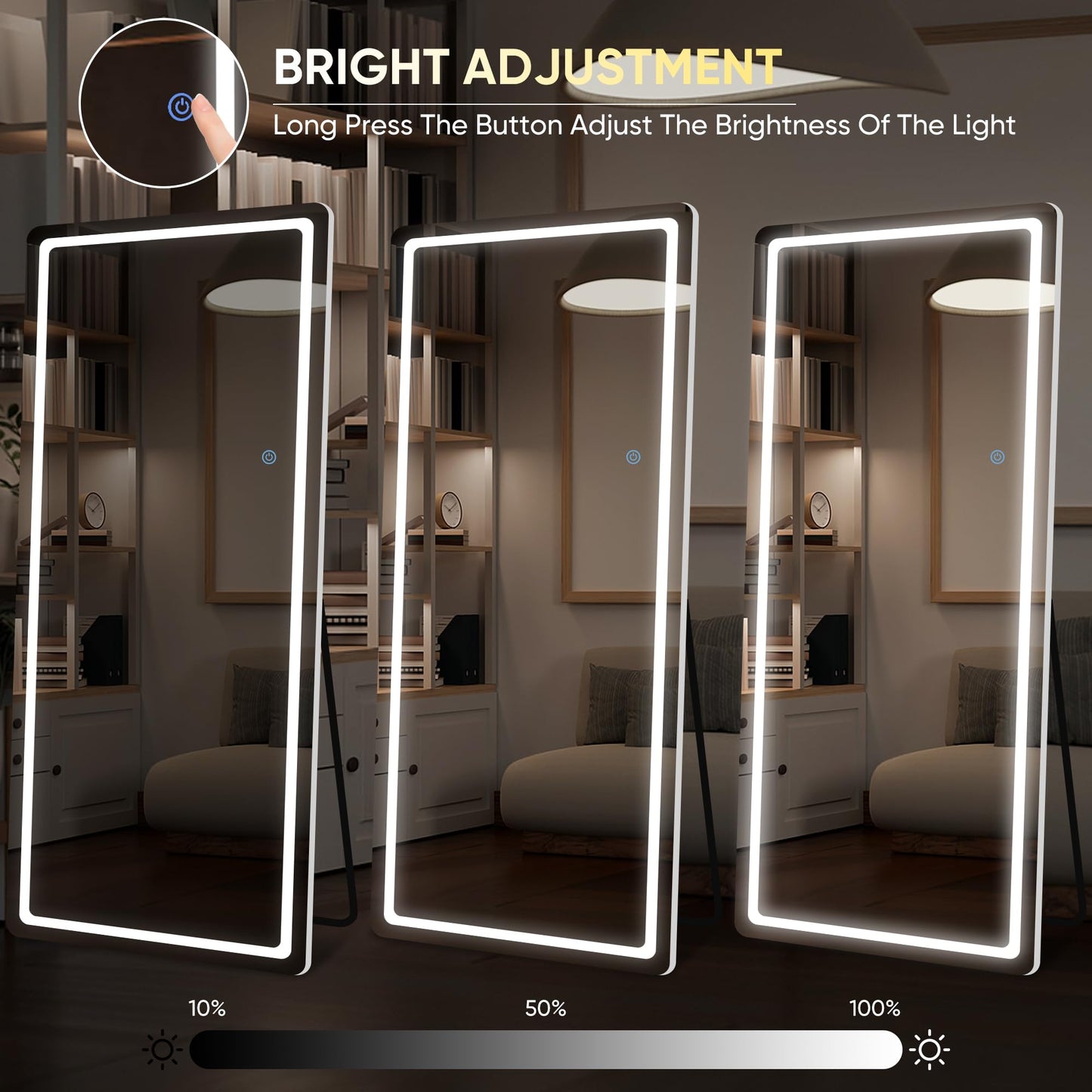LadyNow LED Full Length Mirror, 76" x 34" Rect Style, Floor Standing or Wall Hanging, Lighted, Aluminum Frame
