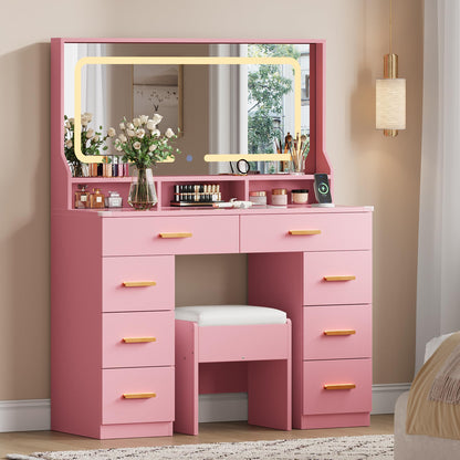 GAOMON Makeup Vanity Desk with Large Lighted Mirror, Vanity Desk with Glass Tabletop, 8 Drawers & 3 Storage Shelves, Vanity Set with Built-in Power Outlet for Bedroom & Dressing Area, Pink