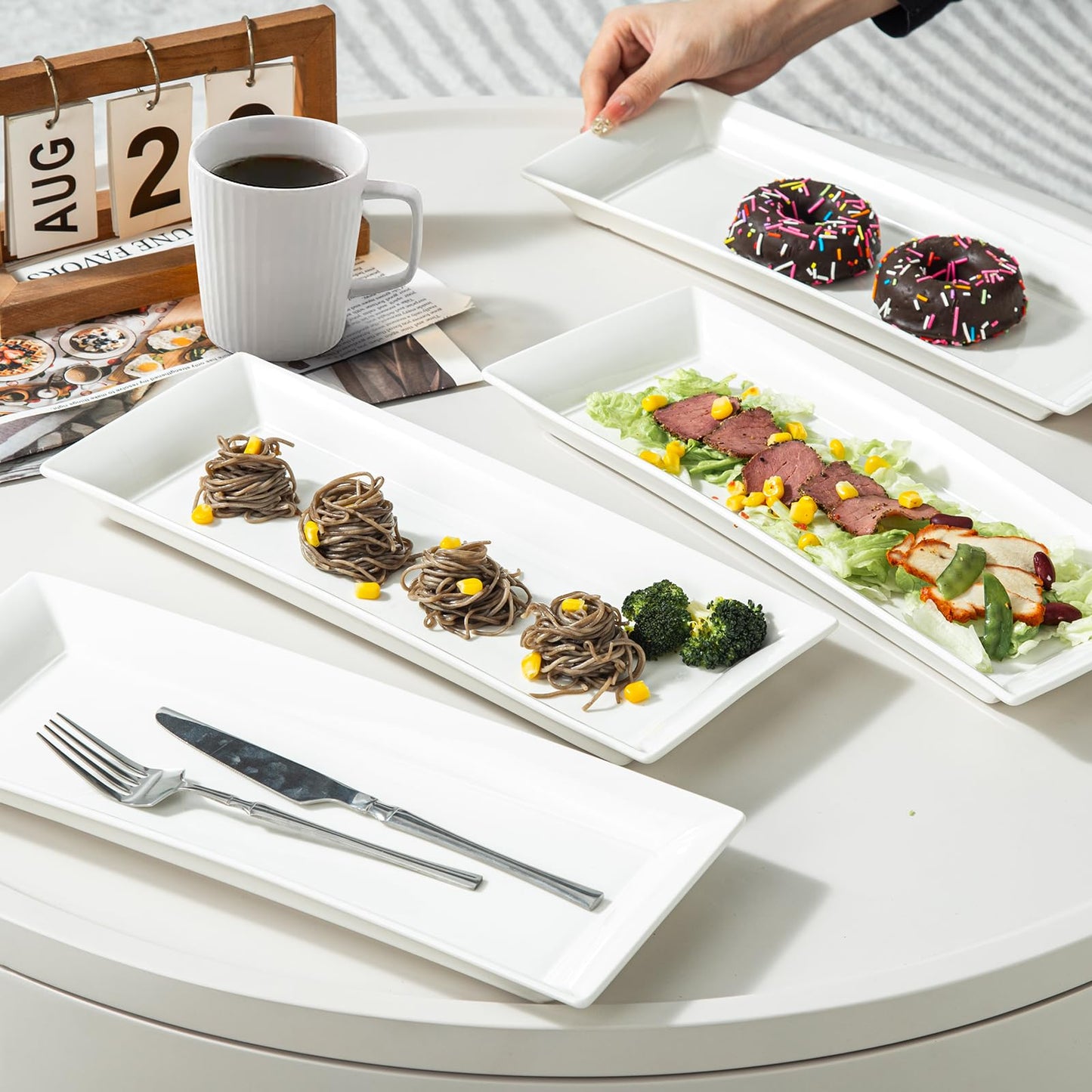 Feenmai 14" Rectangular Platters Set of 4, White Ceramic Platters, Large Serving Plates for Party, Entertaining, Wedding, Rectangle Serving Dishes for Steak, Sushi, Appetizer, Oven Dishwasher Safe