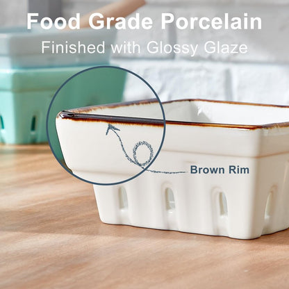 ONEMORE Ceramic Berry Basket Square Fruit Bowls with Holes Berry Bowl Colander Fruit Basket for Kitchen Décor - 5.8" Berry Containers for Fridge, Set of 2, Cream White