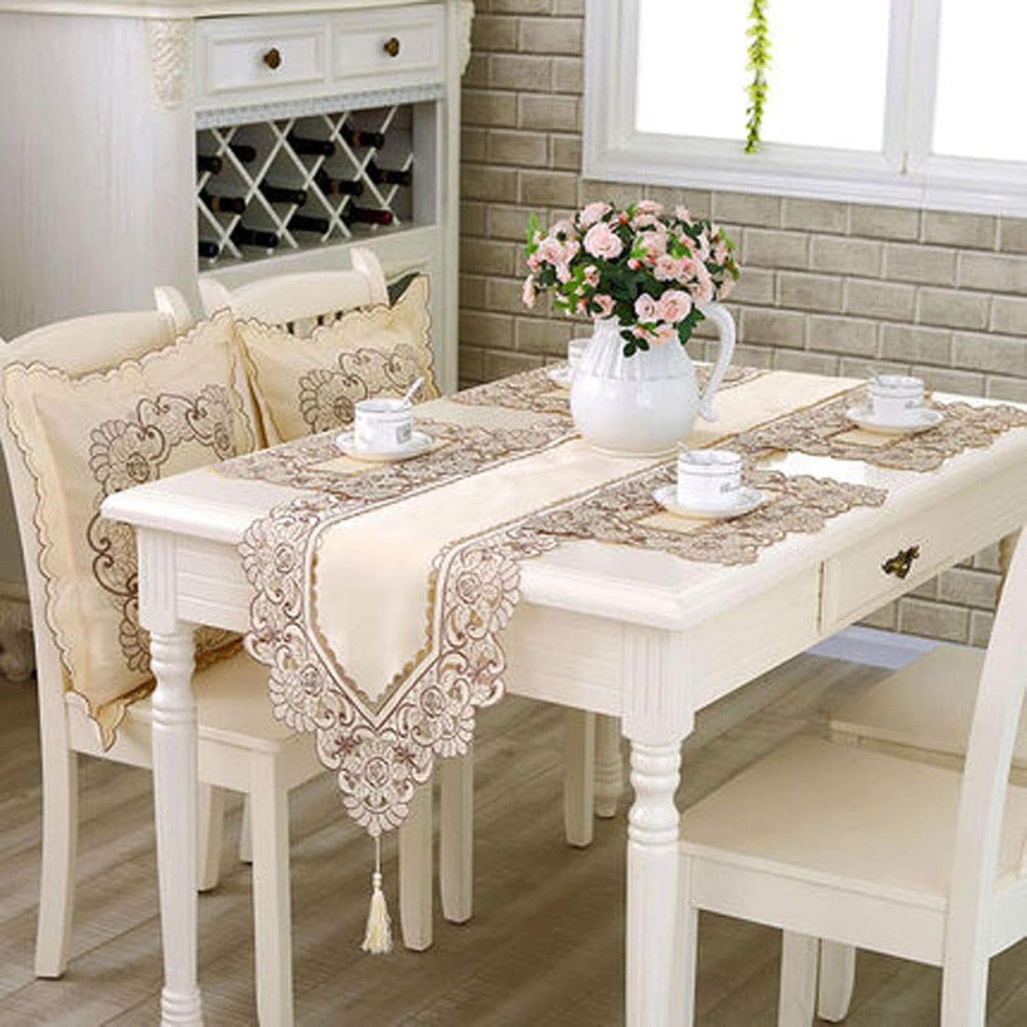 15" 69" X Vintage Flower Embroidered Table Runner, Classic Polyester Lace Cream Floral Dresser Scarves Party Dining