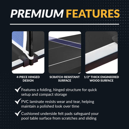 Hathaway 9 ft Quick Set Table Tennis Conversion Top – Regulation Sized, Foldable, Durable Engineered Surface, Protection Pads – Indoor Ping Pong Table Topper for Pool Table w/Net & Posts – Black