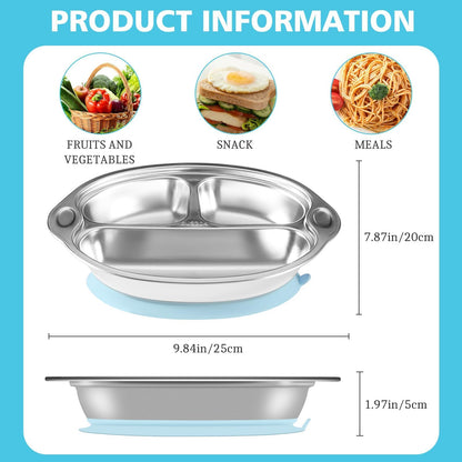 Mrs. Chou® BPA-Free 100% Food-Grade Stainless Steel Baby Plates with Suction Divided Designed for Babies and Toddlers, Ideal for Kids Infant Baby-Led Weaning Toddler Feeding Supplies Dishwasher Safe