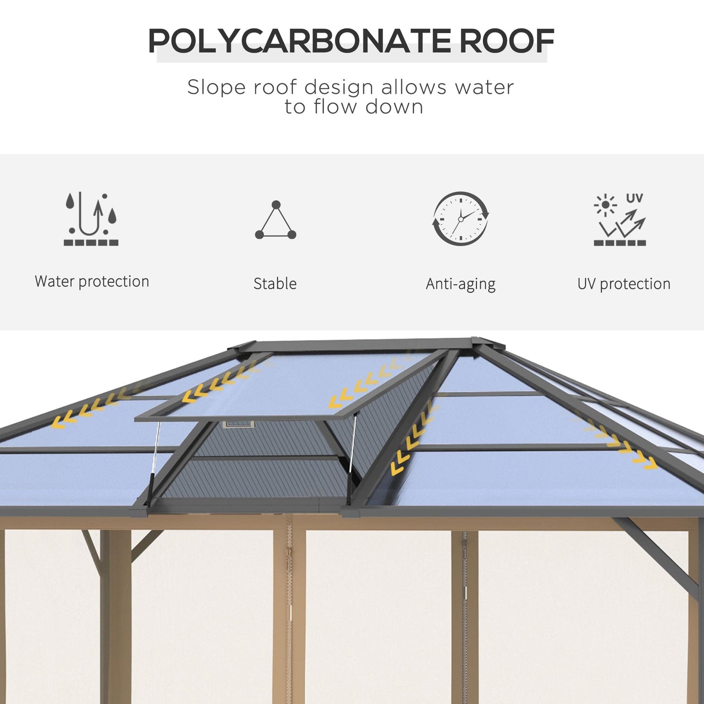 GOWE 10' x 12' Hardtop Gazebo Canopy with Polycarbonate Roof, Top Vent and Aluminum Frame, Permanent Pavilion Outdoor Gazebo with Netting, for Patio, Garden, Backyard, Deck, Lawn
