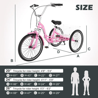 H&ZT Adult Tricycle, 3 Wheeled Bike, Trike Cruiser Bike, with 7-Speed Gear, Parking Brake Handle, Low Step, Large Rear Basket, Elderly Friendly, for Men, Women, and Teens