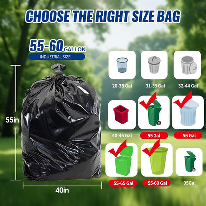Skiennix 120 Count Trash Bags - Tear-Free 55-60 Gallon Black Garbage Bags for Home & Outdoor Use