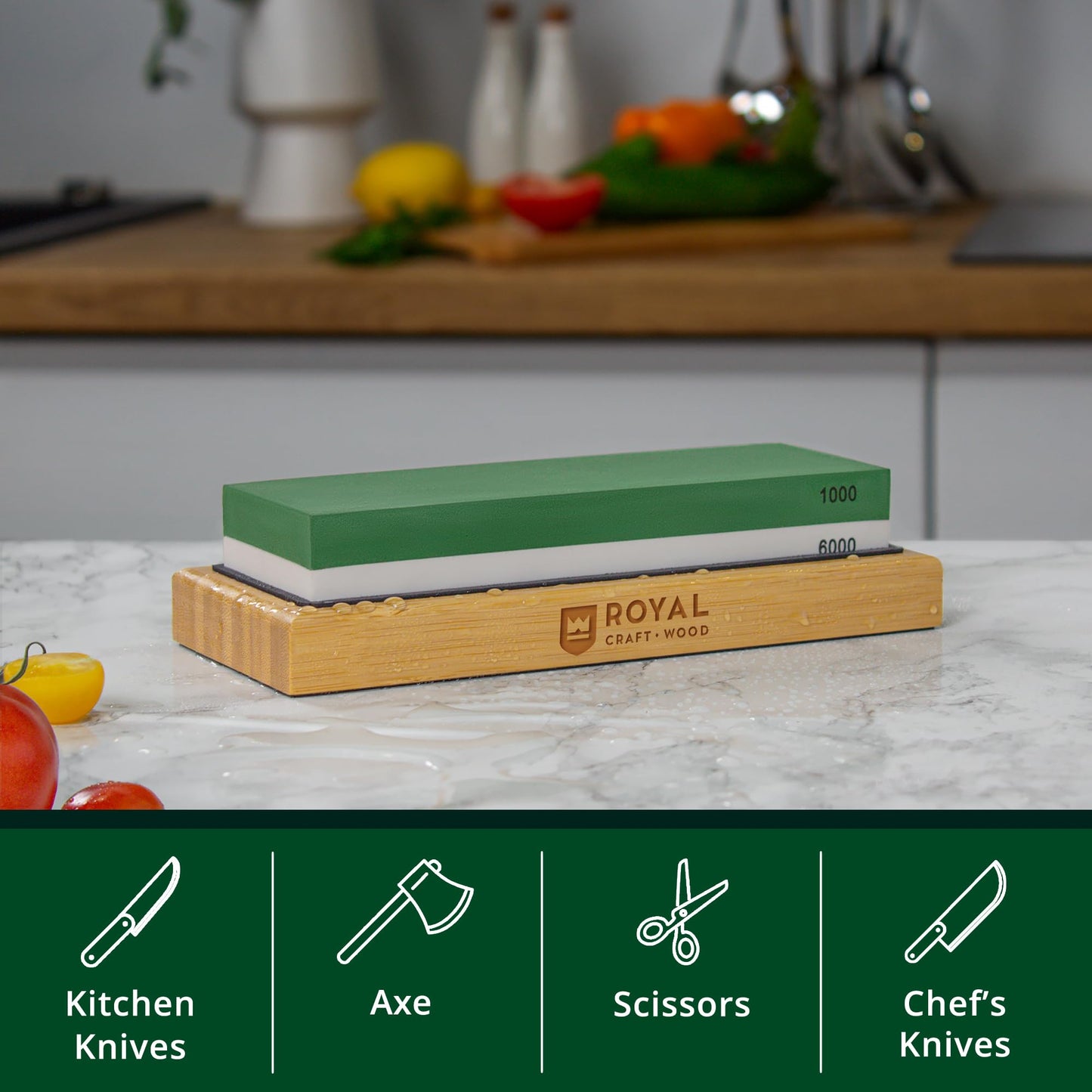 Universal Knife Sharpening Stone w/Dual Grit 1000/6000 for Kitchen Knife Set, Chef Knife, and more - Whetstone Sharpening Kit with Angle Guide, Non-Slip Silicon and Bamboo Bases by ROYAL CRAFT WOOD