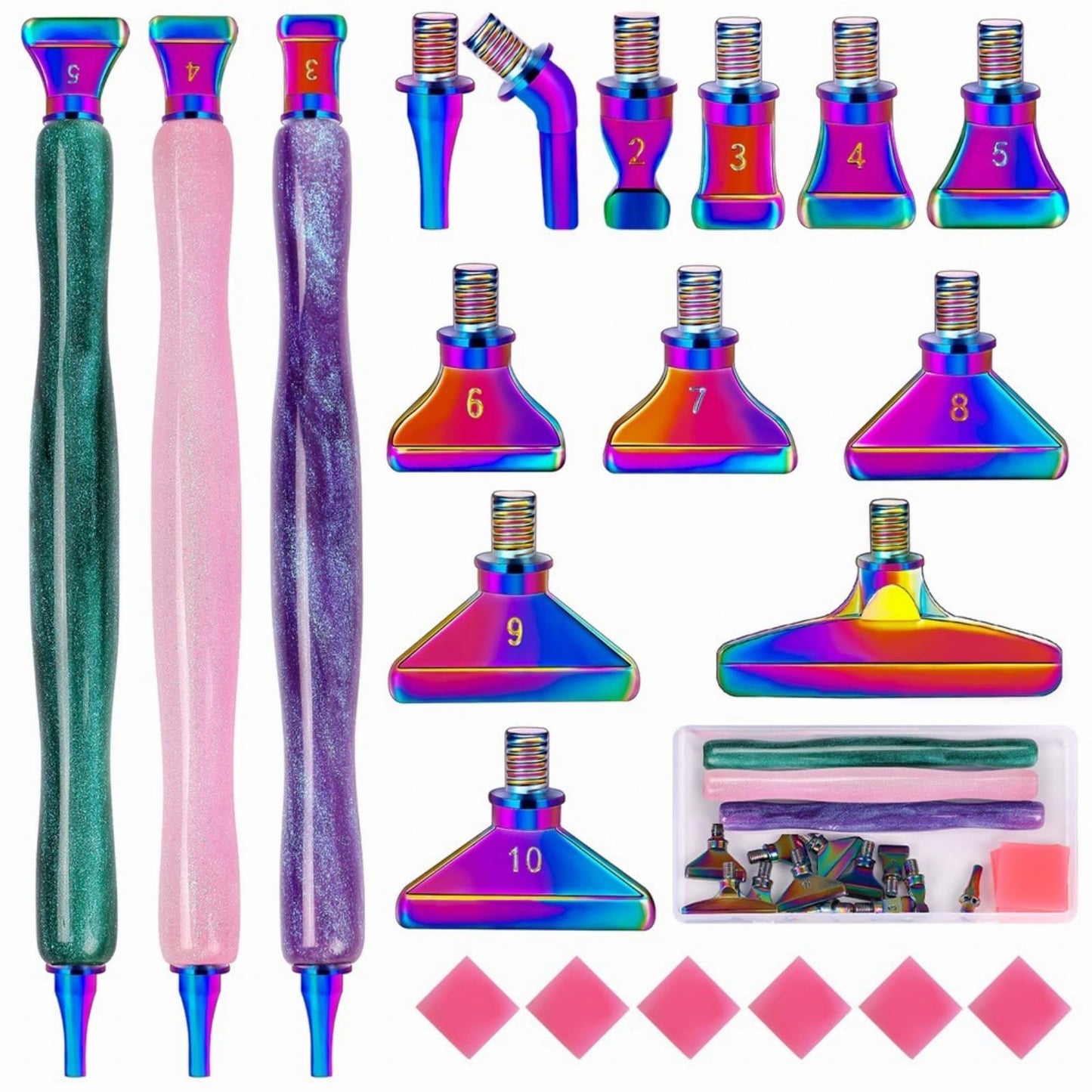 DoreenBow 21Pcs Diamond Art Painting Tools Glitter Diamond Art Pen Stainless Screw Thread Tips Multi Placer Tips Ergonomic Diamond Art Painting Accessories for Adults with 6 Clay,Rainbow
