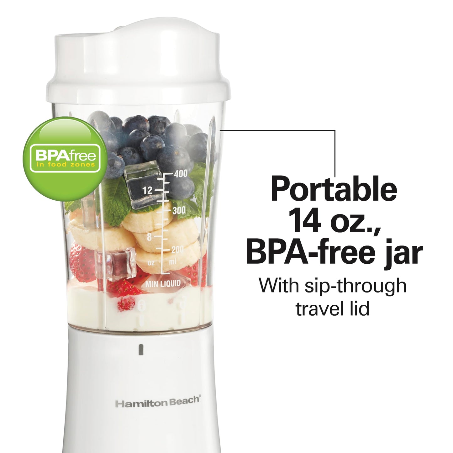Hamilton Beach Portable Blender for Shakes and Smoothies, 14 Oz BPA Free Travel Cup & Lid, Durable Stainless Steel Blades, Personal Smoothie Blender, White ( 51101V)