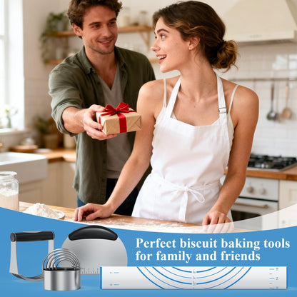 Frapkom Biscuit Cutter Set, Blue Silicone Baking Mats，Stainless Steel Pastry Blender, Dough Cutter,Pastry Cutter, Baking Tools and Accessories Kit (4 Set Blue)