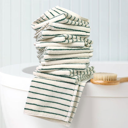 12 Pack, 13 13 Jacquotha Striped Cotton Washcloths x - Soft Wash Cloths for Bathroom, Kitchen, Gym, Face, Green