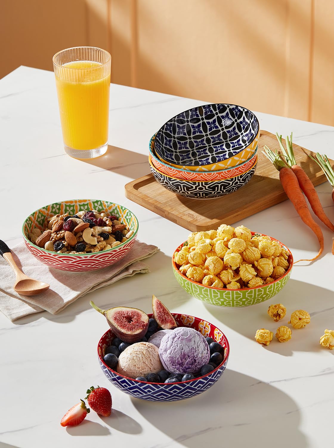 Metahom Small Dessert Bowls, Ceramic Snack Bowls for Kitchen, 11 Oz Colorful Shallow Bowl Set for Ice Cream, Condiments, Side Dishes, Set of 6, Dishwasher & Microwave Safe