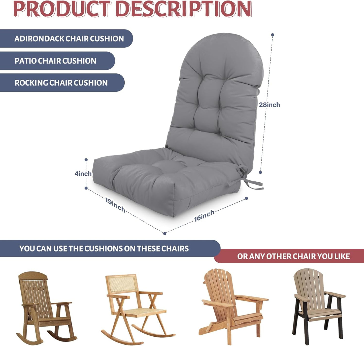 44x19x4in Adirondack Chair Cushion,Outdoor Waterproof Rocking Chair Cushion Gray Non-Slip High Back Patio Chair