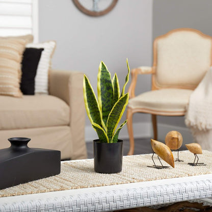 Nearly Natural 14-in Artificial Tall Snake Plant Sansevieria, Yellow Faux Snake Plant for Indoor Home Decor in Black Nursery Pot, Fake Plant for Office, Living Room, Bedroom, Tabletop, DIY