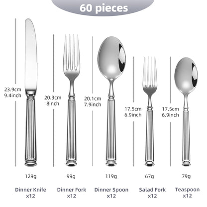60-Piece 18/10 Heavy Duty Flatware Set for 12, High End Thick Handle Silverware Set, Luxury Forged Design, Dishwasher Safe