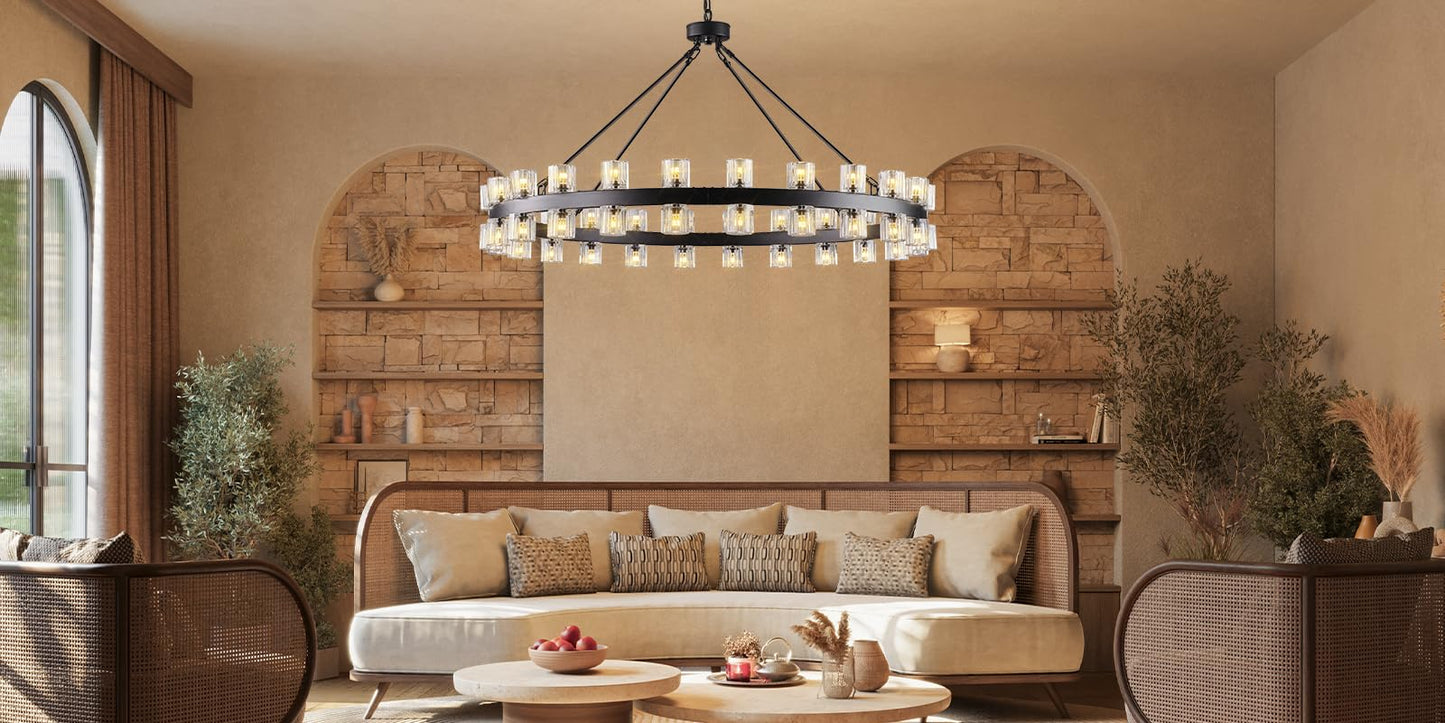 Plsintly 48 Inch Black Wagon Wheel Chandelier with Crystal Shade, Crystal Chandelier, Modern Farmhouse Style, Ideal for Dining Room, Kitchen, Entryways,48 Lights (Bulbs Included)