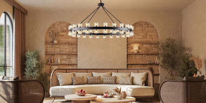 Plsintly 48 Inch Black Wagon Wheel Chandelier with Crystal Shade, Crystal Chandelier, Modern Farmhouse Style, Ideal for Dining Room, Kitchen, Entryways,48 Lights (Bulbs Included)