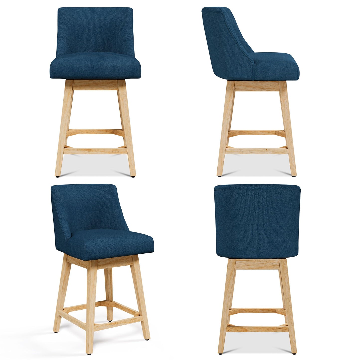 Vipbear Counter Height Bar Stools Set of 2, 26" H Modern Swivel Bar stools with Contoured Back and Solid Wood Legs, Linen Fabric Upholstered Counter Bar Chairs for Kitchen Island, Blue
