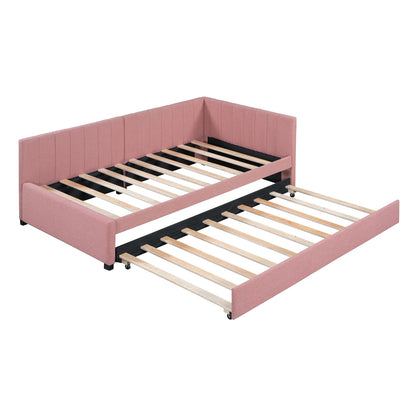 ACQCA Twin Size Upholstered Linen Daybed with Trundle,Semi-Closed Design,Solid Wood Bed Frame,W/Backrest and Slat Support,No Box Spring Needed,for Apartment Bedroom,Pink