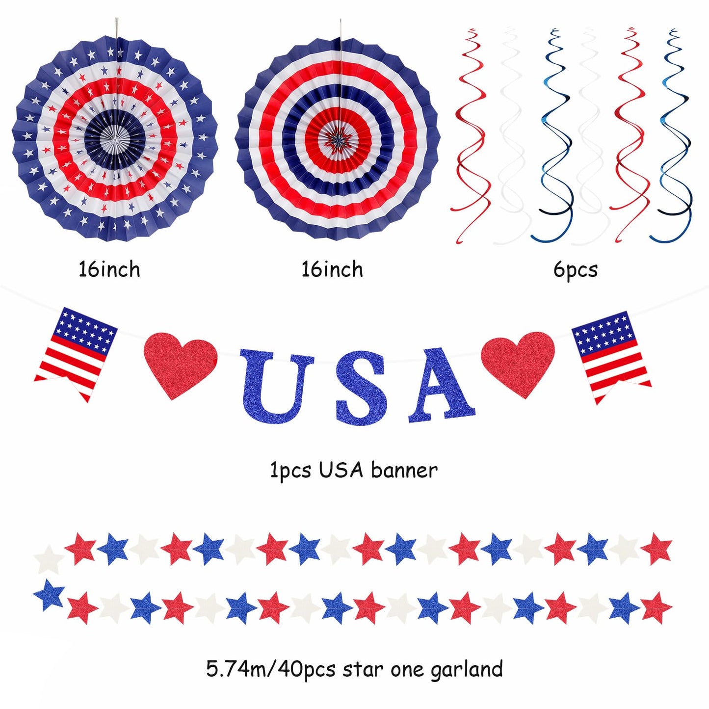 Red-White Blue Memorial-Day Patriotic Decorations - 21pcs 4th Fourth of July Americana Banner Garland,Independence Party Decor Paper Streamers Lanterns,Flower Tissue Pom Poms Fan Supplies Huglony