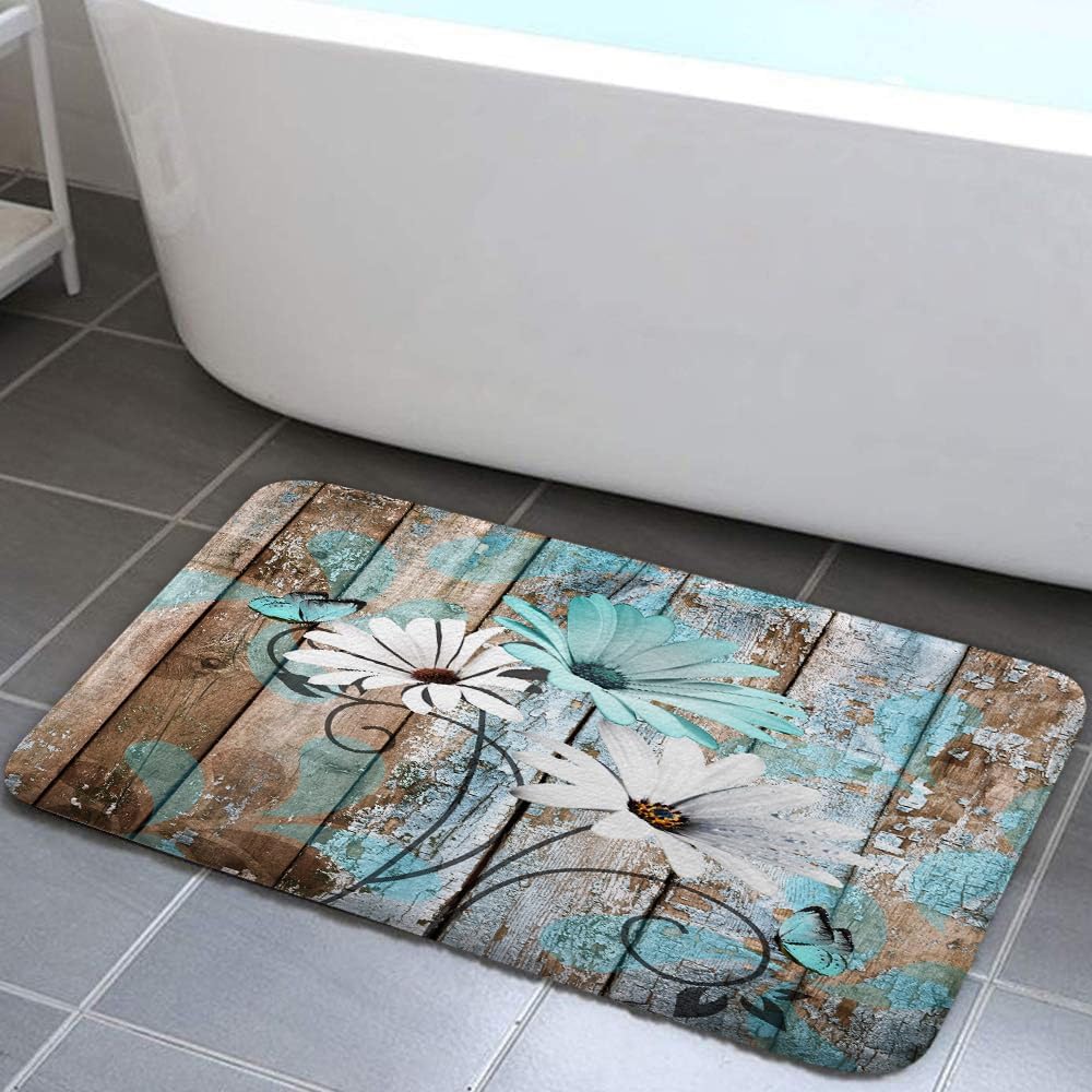 Farmhouse Floral Flower Bath Mat, Teal Daisy Rustic Wooden Plank Non-Slip Soft Doormat for Indoor Outdoor