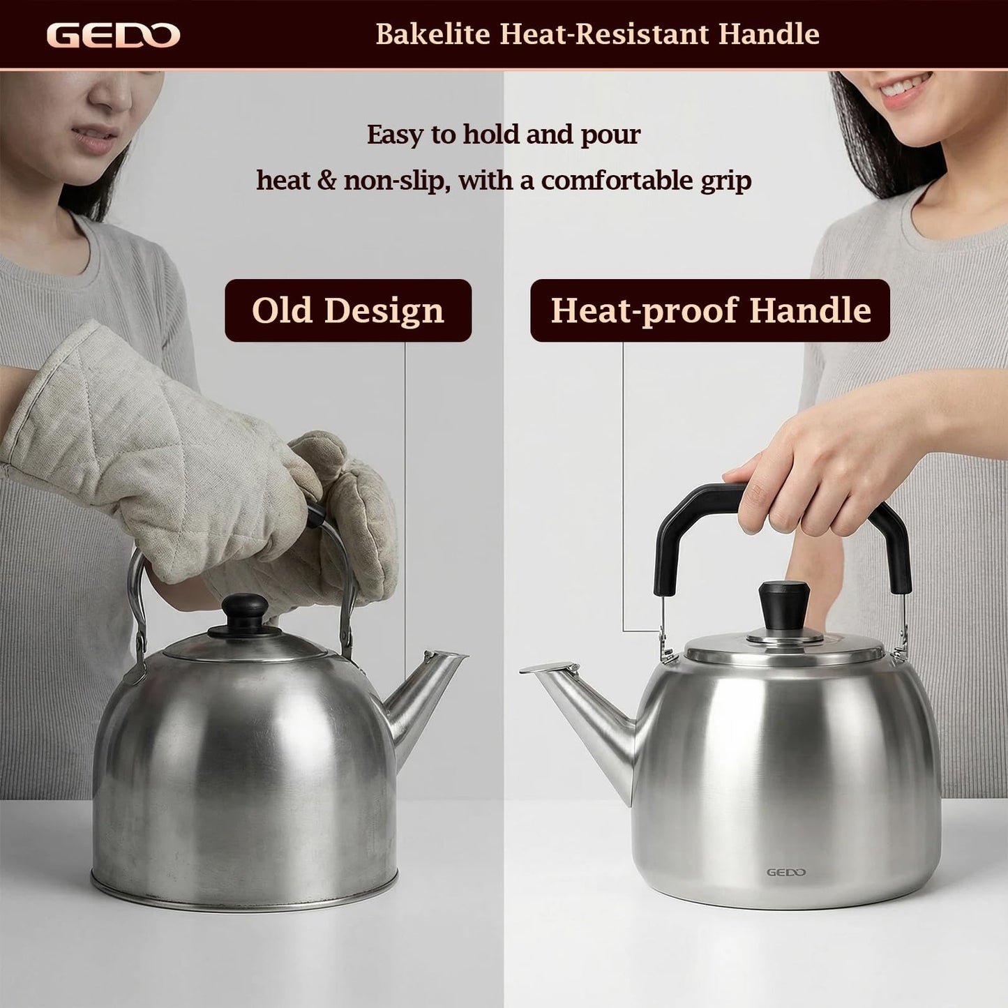 GEDO Stainless Steel Whistling Tea Kettle, 304 Food Grade, Large Capacity, Stovetop Kettle for Gas Stove and Induction Cooktop (4L/4.22QT)