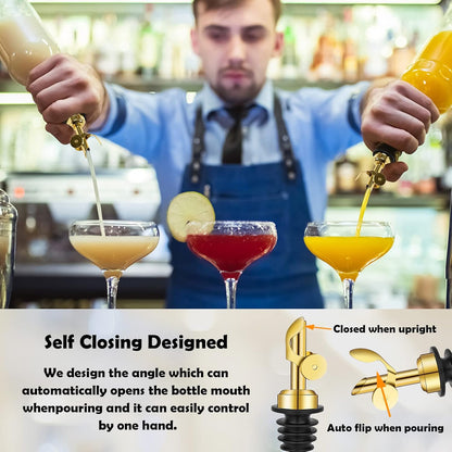 1 Wine(Gold-6Pcs) WAFJAMF Weighted Stainless Steel Bottle Pourers, Auto Flip Feature Self Closing Olive Oil Dispenser