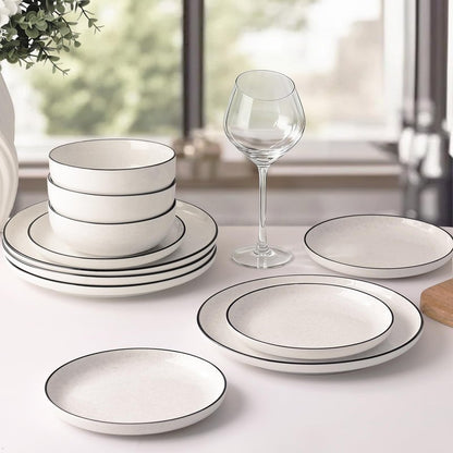 SOVEGLEE Plates and Bowls Sets for 4,12 Pieces Ceramic Dish set, White Dinnerware Set for Kitchen, Modern Design Plate Sets with Black Rim, Microwave and Dishwasher Safe