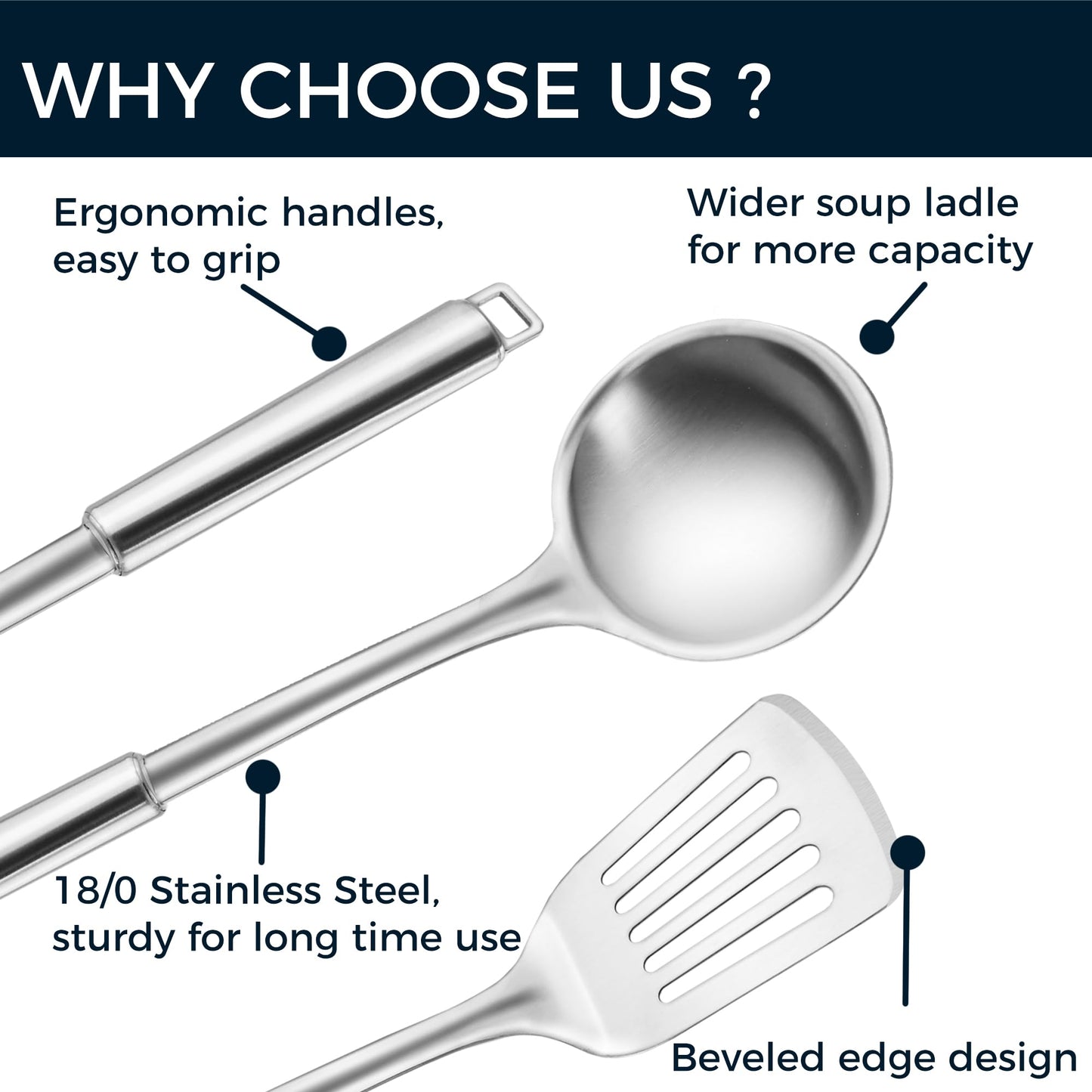 MUJINON 18/0 Stainless Steel Kitchen Cooking Utensil Set, Ergonomic Handle, Dishwasher Safe, Slotted Spoon, Ladle, Turner, Serving Spoon for Housewarming Daily Use Commercial, Pack of 4
