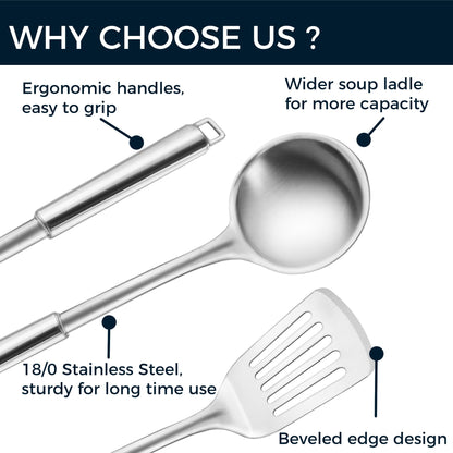 MUJINON 18/0 Stainless Steel Kitchen Cooking Utensil Set, Ergonomic Handle, Dishwasher Safe, Slotted Spoon, Ladle, Turner, Serving Spoon for Housewarming Daily Use Commercial, Pack of 4