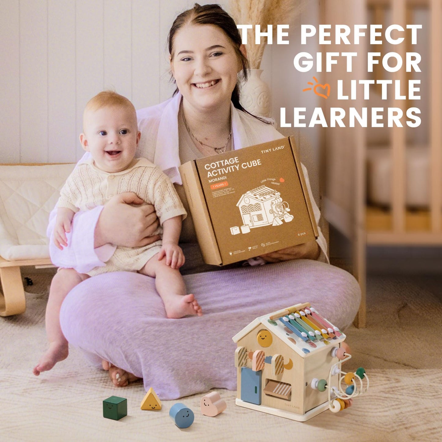 Tiny Land 9-in-1 Wooden Activity Cube, Montessori Baby Activity Center for 1+ Year Old, Educational Toy for Toddlers, Ideal Gift for Boys and Girls (Morandi)