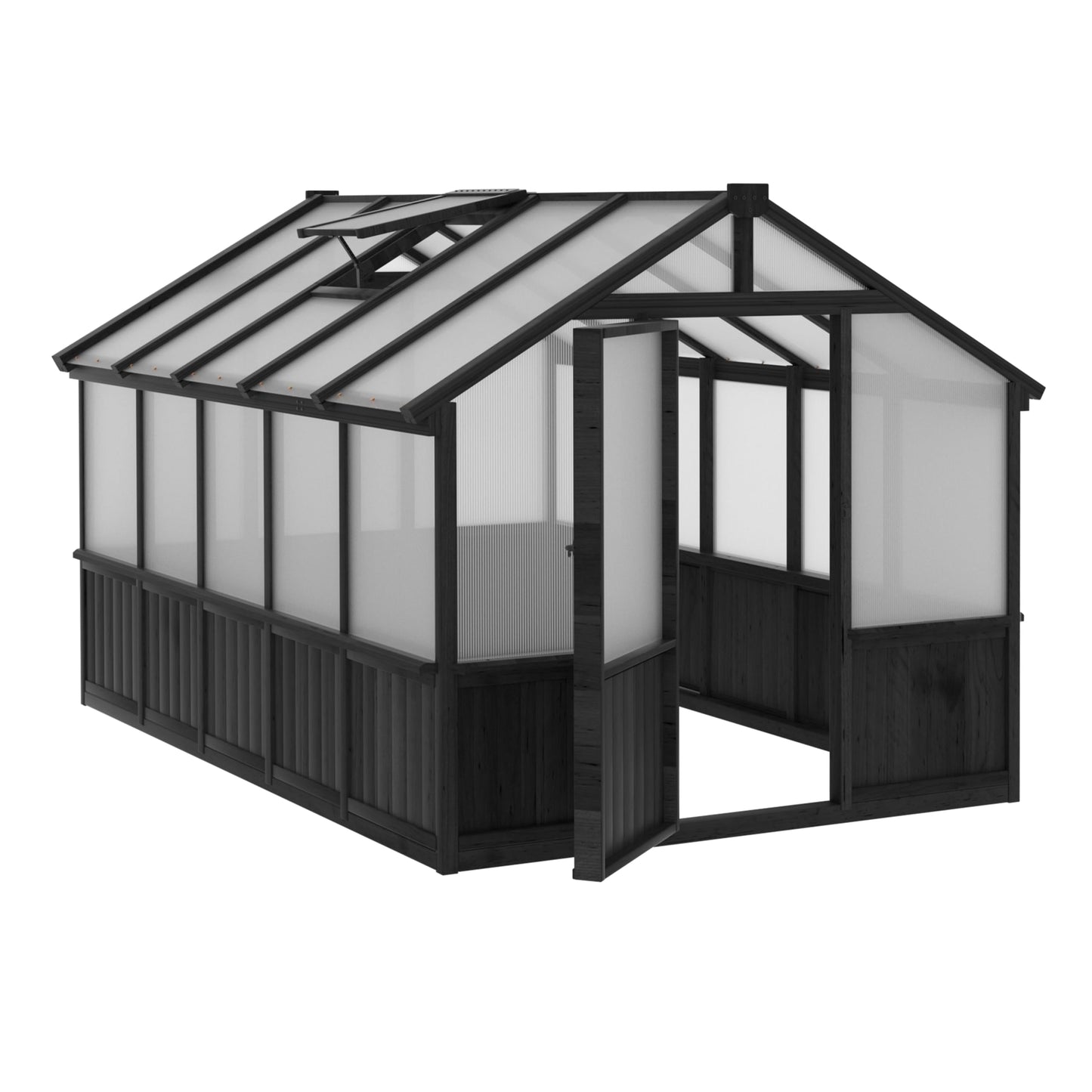 Yardenaler 8x10 FT Greenhouse Kit with 6MM Thick Polycarbonate Panel for Outdoor, Wooden Walk-in Green House with Adjustable Roof Vent and Lockable Door, Backyard, Garden, Black