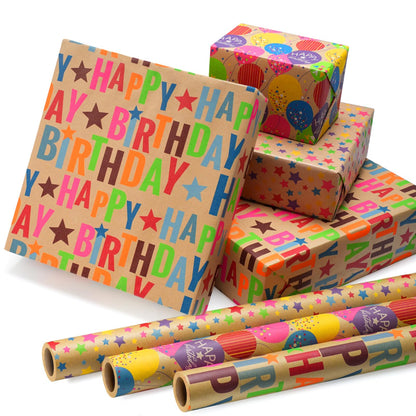 BIOBROWN Kraft Birthday Wrapping Paper, Colorful Gift Wrap with Text Happy Birthday Balloon Stripes Design for Kids, 17 inch X 120 inch Per Roll