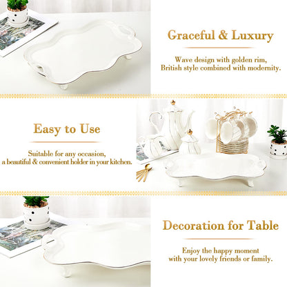 DUJUST Porcelain Serving Tray with Handles, Luxury British Style Coffee Table Tray with Golden Rim, Beautiful Tea Tray Decor for Living Room, Easy to Use & Clean
