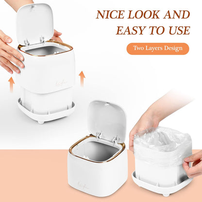 Mini Countertop Trash Can with Press Type Lid, 12 Rolls of Trash Bags, Tiny Desktop Trash Can for Bathroom, Home Office