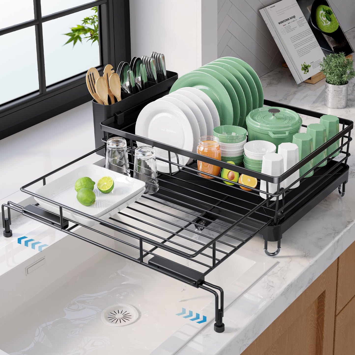Kitsure Extendable Dish Drying Rack - Rust-Resistant Dish Racks for Kitchen Counter with Adjustable Support Legs, Cutlery Holder & Removable Draining Tray (Black, 15.6''-25.2''L × 16.9''W × 8.1''H)