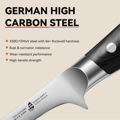 TUO Boning Knife, 7 inch Fillet Knife, German HC Steel Blade for Poultry & Fish, Full Tang Pakkawood Handle, BLACK HAWK